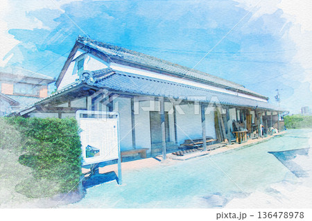 [三重県]松阪市にある松坂城の御城番屋敷の水彩画 136478978