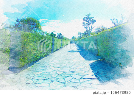 [三重県]松阪市にある松坂城の御城番屋敷の水彩画 136478980