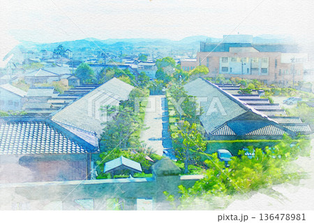 [三重県]松阪市にある松坂城の御城番屋敷の水彩画 136478981