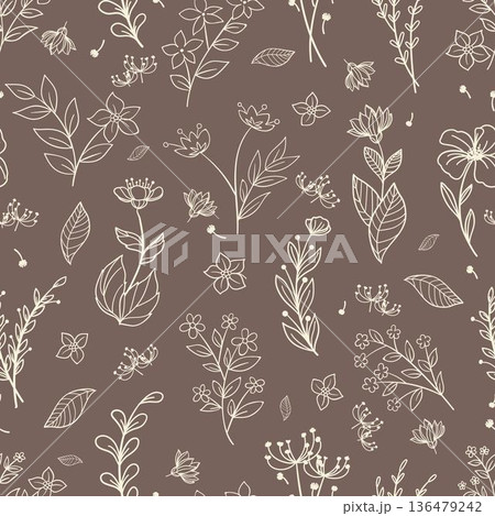 Elegant Botanical Line Art Seamless Brown Pattern 136479242