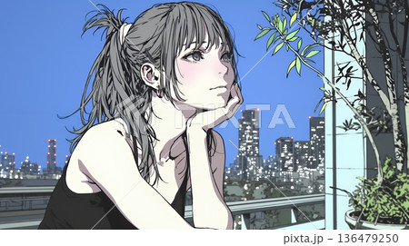 ベランダで夜風に当たりながら都会のランドスケープを眺め休む若い女性