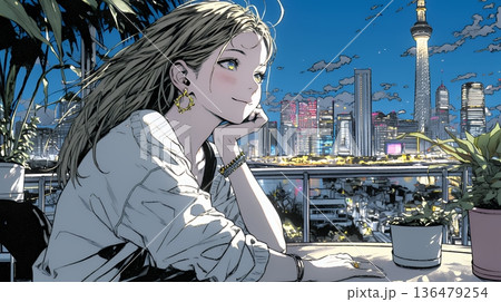 ベランダで夜風に当たりながら都会のランドスケープを眺め休む若い女性