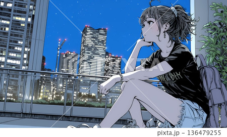 ベランダで夜風に当たりながら都会のランドスケープを眺め休む若い女性