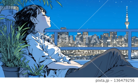 ベランダで夜風に当たりながら都会のランドスケープを眺め休む若い女性 136479256