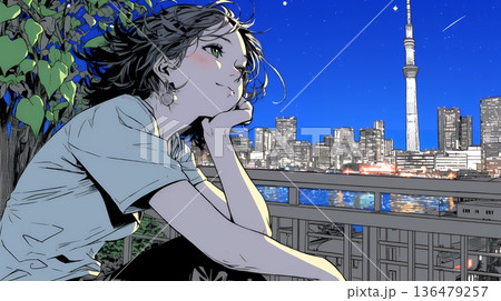 ベランダで夜風に当たりながら都会のランドスケープを眺め休む若い女性