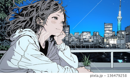 ベランダで夜風に当たりながら都会のランドスケープを眺め休む若い女性