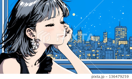 ベランダで夜風に当たりながら都会のランドスケープを眺め休む若い女性 136479259