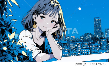 ベランダで夜風に当たりながら都会のランドスケープを眺め休む若い女性