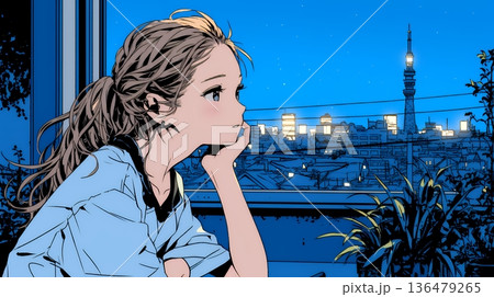 ベランダで夜風に当たりながら都会のランドスケープを眺め休む若い女性