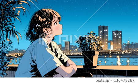 ベランダで夜風に当たりながら都会のランドスケープを眺め休む若い女性