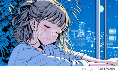 ベランダで夜風に当たりながら都会のランドスケープを眺め休む若い女性