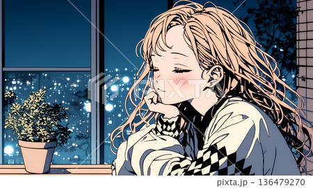 ベランダで夜風に当たりながら都会のランドスケープを眺め休む若い女性