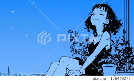 ベランダで夜風に当たりながら都会のランドスケープを眺め休む若い女性（シンプルな色使い）