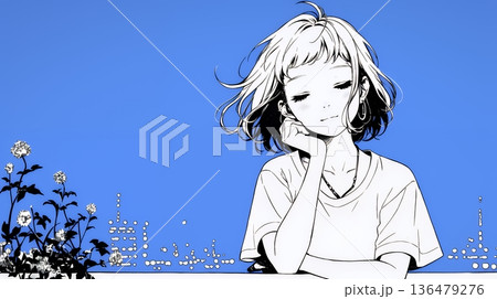 ベランダで夜風に当たりながら都会のランドスケープを眺め休む若い女性（シンプルな色使い）