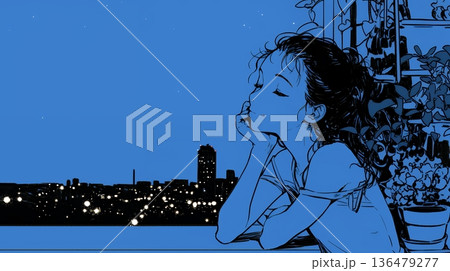 ベランダで夜風に当たりながら都会のランドスケープを眺め休む若い女性（シンプルな色使い）