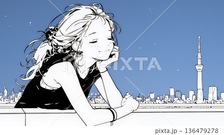 ベランダで夜風に当たりながら都会のランドスケープを眺め休む若い女性（シンプルな色使い）