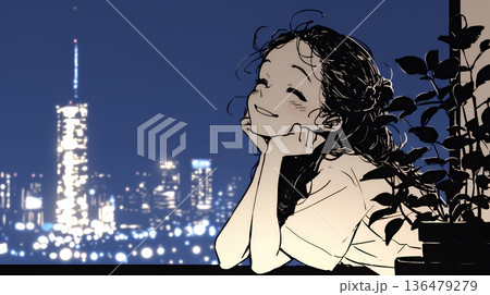 ベランダで夜風に当たりながら都会のランドスケープを眺め休む若い女性（シンプルな色使い）