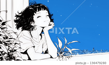 ベランダで夜風に当たりながら都会のランドスケープを眺め休む若い女性（シンプルな色使い）