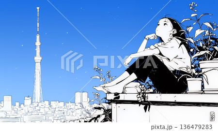 ベランダで夜風に当たりながら都会のランドスケープを眺め休む若い女性（シンプルな色使い）