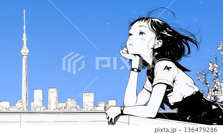 ベランダで夜風に当たりながら都会のランドスケープを眺め休む若い女性（シンプルな色使い）