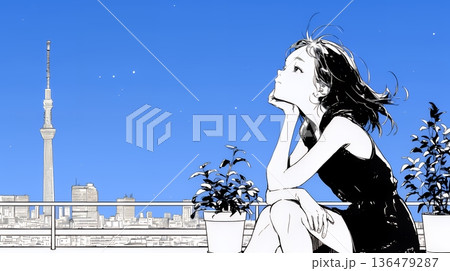 ベランダで夜風に当たりながら都会のランドスケープを眺め休む若い女性（シンプルな色使い）