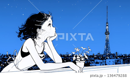 ベランダで夜風に当たりながら都会のランドスケープを眺め休む若い女性（シンプルな色使い）