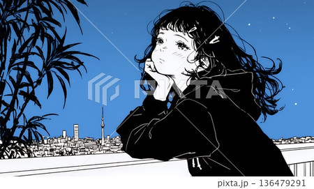 ベランダで夜風に当たりながら都会のランドスケープを眺め休む若い女性（シンプルな色使い）