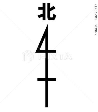 北向きの方位記号アイコン。上向き矢印と日本語の「北」の文字。 136479417
