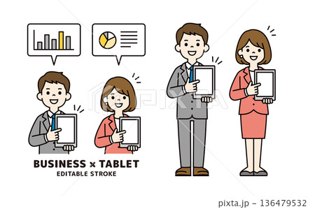 タブレットを指さして接客する男女のビジネスパーソンの上半身・全身ベクターイラスト素材セット 136479532