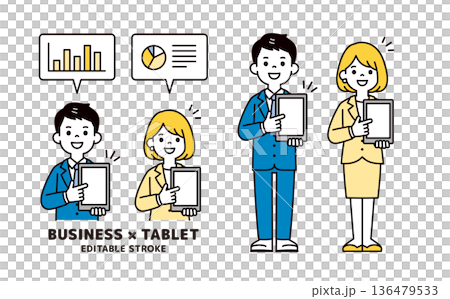 一套簡單的上半身和全身向量插圖，描繪了一名辦公室工作人員指著平板電腦螢幕並提出建議的情景。 136479533