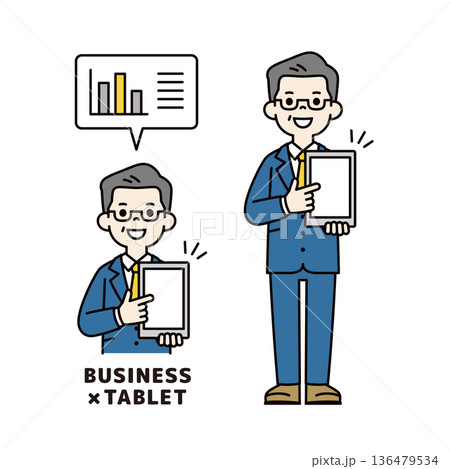 タブレットを指さして解説するシニア世代のビジネスマンの上半身・全身ベクターイラスト素材セット タブレットを指さして解説するシニア世代のビジネスマンの上半身・全身ベクターイラスト素材セット 136479534