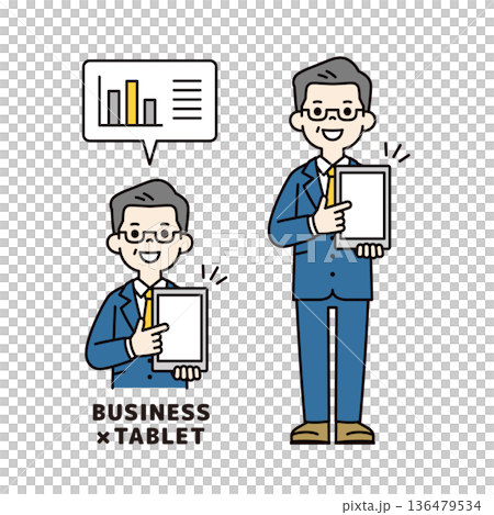 タブレットを指さして解説するシニア世代のビジネスマンの上半身・全身ベクターイラスト素材セット タブレットを指さして解説するシニア世代のビジネスマンの上半身・全身ベクターイラスト素材セット 136479534
