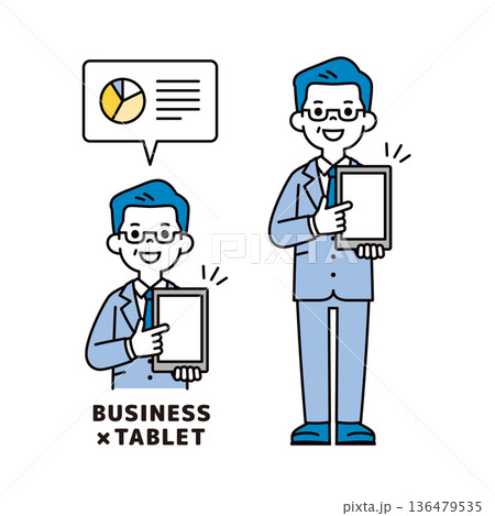 タブレット画面を指して商談する社長・経営者のシンプルな上半身・全身ベクターイラスト素材セット タブレット画面を指して商談する社長・経営者のシンプルな上半身・全身ベクターイラスト素材セット 136479535