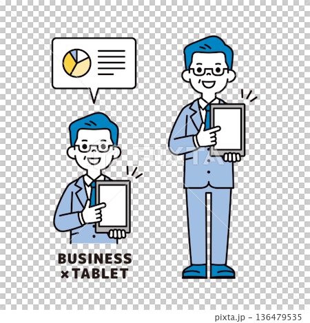 一套簡單的上半身和全身向量插圖，描繪了一位總裁和一位經理指著平板電腦螢幕，正在洽談一項商業交易。 136479535
