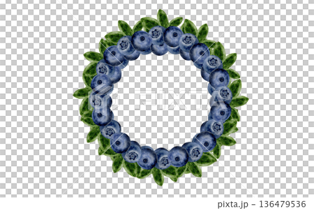 Blueberry watercolor round frame. Hand-drawn blue berry on a white background. Botanical clip art. Perfect for food blog designs, organic store menus, and packaging for products and cosmetics. 136479536