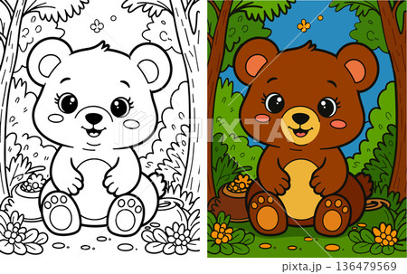 Cute baby bear sitting in forest with pots of honey Cute baby bear sitting in forest with pots of honey 136479569