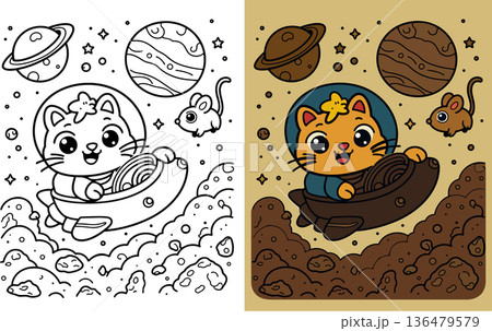 Cute cat astronaut in spaceship with mouse and planets Cute cat astronaut in spaceship with mouse and planets 136479579
