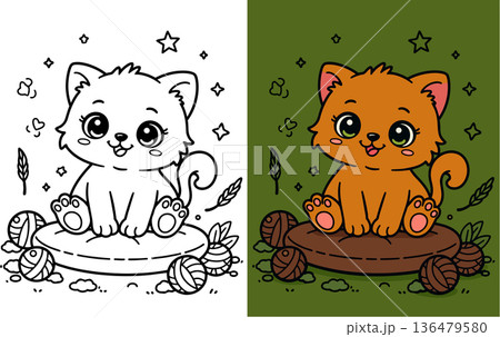 Cute kitten sitting on cushion with yarn balls and stars around coloring page Cute kitten sitting on cushion with yarn balls and stars around coloring page 136479580