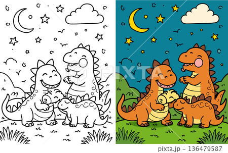 Family of cute dinosaurs under starry night sky with moon and clouds for coloring session 136479587