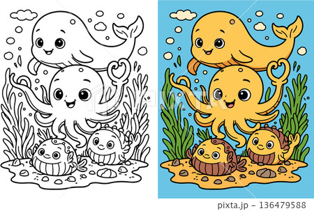 Friendly cartoon octopus and fish underwater with whale Friendly cartoon octopus and fish underwater with whale 136479588