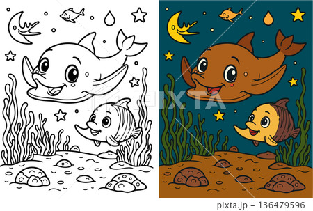 Joyful cartoon dolphin and fish swimming underwater Joyful cartoon dolphin and fish swimming underwater 136479596
