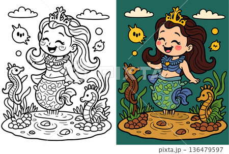 Joyful mermaid princess swimming with seahorses in underwater world coloring page activity 136479597