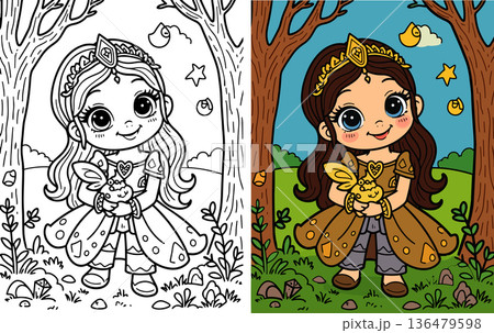 Little princess holding small pet in forest clearing coloring page for children activities 136479598