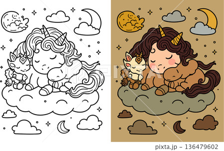 Sleeping unicorn family coloring page resting on soft cloud under moon and stars at night 136479602