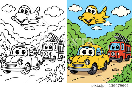 Smiling cartoon taxi and fire truck with a happy airplane flying in sky for kids coloring Smiling cartoon taxi and fire truck with a happy airplane flying in sky for kids coloring 136479603