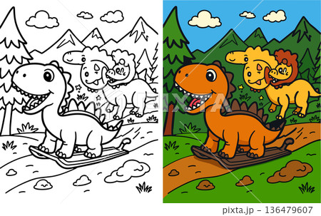 Three cute baby dinosaurs sledding down a snowy hill surrounded by trees and mountains 136479607