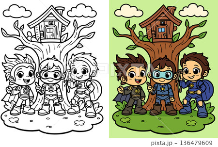 Three superhero kids standing in front of a treehouse surrounded by nature scene 136479609
