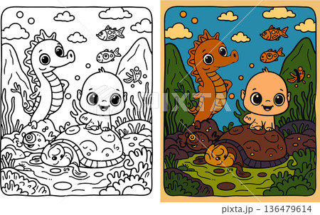 Underwater coloring page featuring seahorse turtle and small fish in ocean reef landscape 136479614