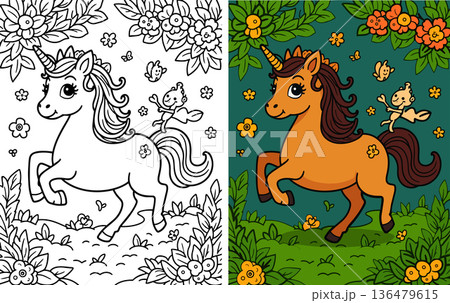 Unicorn fairy tale magic forest wonderland with cute pixie friend and flowers for coloring book 136479615