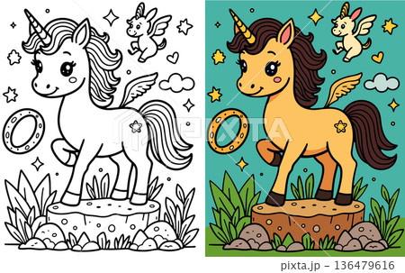 Winged unicorn coloring page standing on stone podium with small pegasus flying in sky Winged unicorn coloring page standing on stone podium with small pegasus flying in sky 136479616
